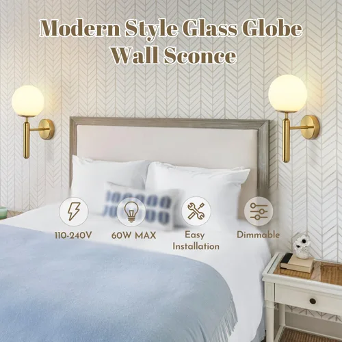 Vista 5 de KCO Lighting - Juego de dos apliques de pared de latón con forma de globo de vidrio de leche, aplique de pared dorado cepillado, modernos accesorios