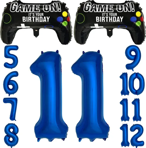 Vista 9 de Suministros de fiesta de videojuegos azul marino para decoración de fiesta de 5º cumpleaños para niños, 2 paquetes de globos de juego con globo azul