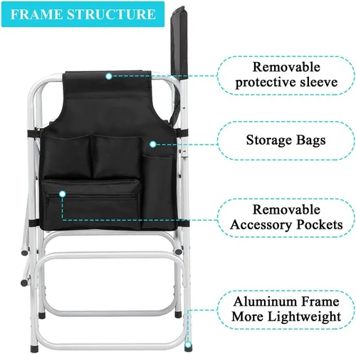 Vista 7 de Vasitelan Silla plegable alta para directores con bolsa de almacenamiento para mesa auxiliar, altura de barra portátil para maquilladores, marco