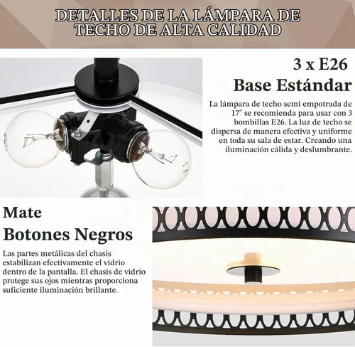 Vista 5 de Lámpara de techo semiempotrada de 17 pulgadas, moderna iluminación de techo E26 de doble tambor de 3 luces con jaula de malla de hierro negro mate
