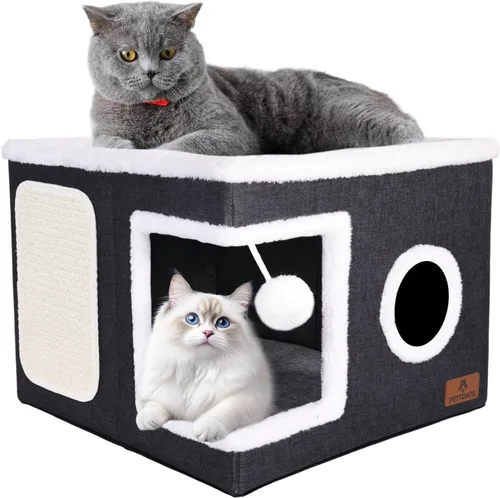 Vista 14 de Casa de Gato de 2 Pisos para Gatos de Interior, Cama de Cueva de Gato de Dos Propósitos con Almohadilla para Arañar y Bola Esponjosa, Escondite