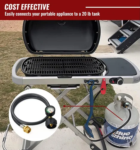 Vista 6 de CALPOSE Manguera adaptadora de propano de 3 pies con calibre, adaptador de 1 libra a 20 libras que convierte electrodomésticos de 1 libra en tanques