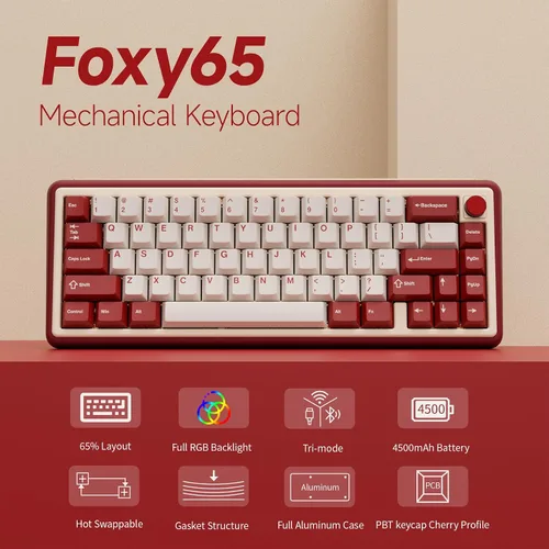 Vista 5 de OOCTPK Chilkey Foxy65 Teclado Mecánico con Perilla, Montaje de Junta Teclado Mecánico Inalámbrico de Aluminio 65%, BT5.0/2.4GHz/USB-C