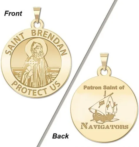 Vista 2 de PicturesOnGoldcom Saint Brendan Medalla religiosa redonda de navegante de doble cara plata de ley de 1 pulgada Oro Blanco Plata esterlina