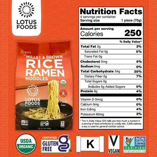 Vista 2 de Lotus Foods Ramen orgánico de mijo y arroz integral, fideos ramen sin gluten, fideos ramen de grano entero, ramen vegano orgánico, fideos de arroz