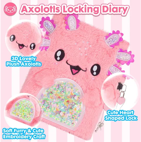 Vista 2 de Diario de ajolote para niñas con cerradura, juguetes de ajolote de felpa, regalo para niñas adolescentes, cuaderno de escritura para niños, regalos