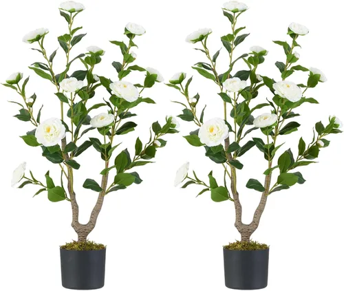 Vista 16 de Árbol de camelia artificial de 36 pulgadas con flores falsas Naranja