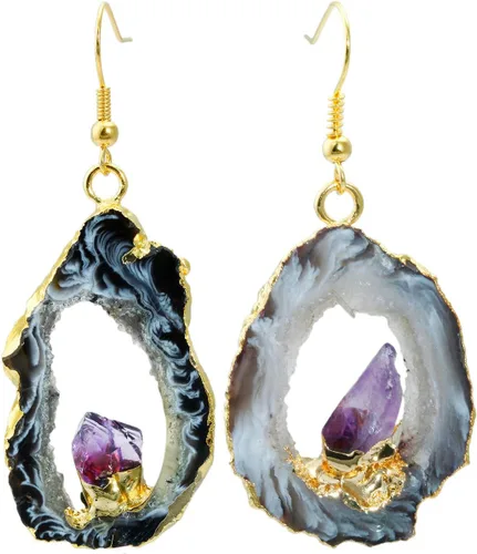 Vista 2 de SUNYIK Pendientes colgantes de rodaja de geoda de ágata natural de cuarzo druzy, con cristal de amatista, pendientes de gota chapados en oro