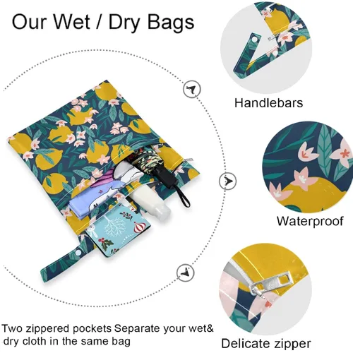 Vista 5 de visesunny Lemon Floral - 2 bolsas húmedas con bolsillos con cremallera, lavable, reutilizable, espaciosa para viajes, playa, piscina, guardería