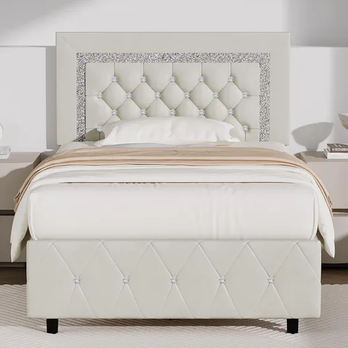 Vista 21 de BarnFurin Base de cama individual con cabecero, cama tapizada con diseño capitonado de diamante, marco de cama para niños con soporte de listones