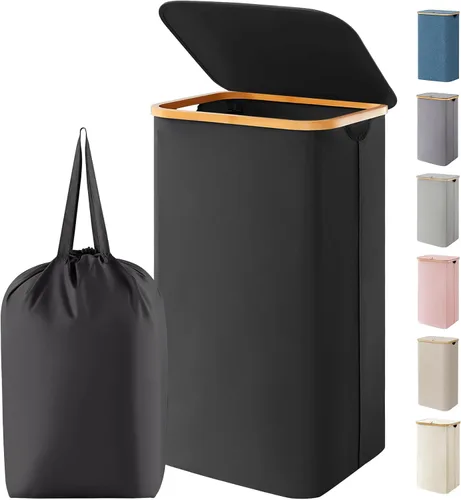 Vista 12 de Lifewit Cesta de lavandería de 80 litros con tapa, cestas de ropa para lavandería con asas de bambú y una bolsa de lavandería extraíble, cesta