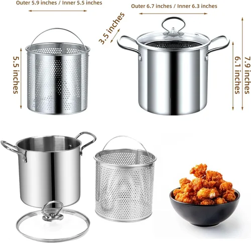 Vista 2 de Olla pequeña con canasta, mini freidora de 3 cuartos de galón para lotes pequeños, olla de sopa y tapa para 1 a 3 personas, funciona en estufa