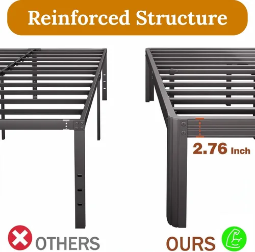 Vista 5 de Marco de cama de plataforma de metal doble de 14 pulgadas con Resistente, no necesita somier, sin ruido, fácil montaje, estilo contemporáneo, negro