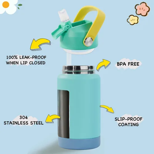 Vista 2 de Kerilyn - Botella de agua para niños, de acero inoxidable, con pajilla a prueba de fugas, con aislamiento térmico, libre de bisfenol A, unisex