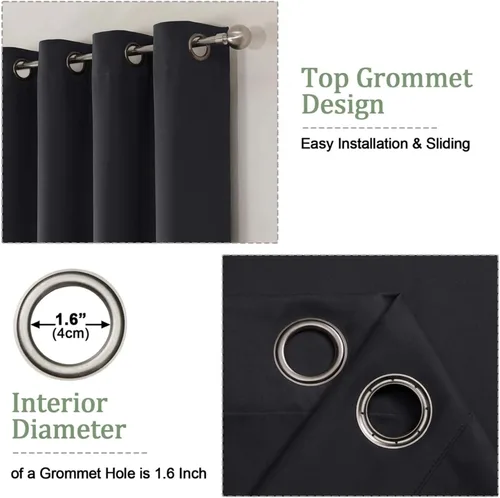 Vista 8 de OWENIE Cortinas 100% opacas de 63 pulgadas de largo, 2 paneles para dormitorio, sala de estar, cortinas superiores con ojales con aislamiento Negro