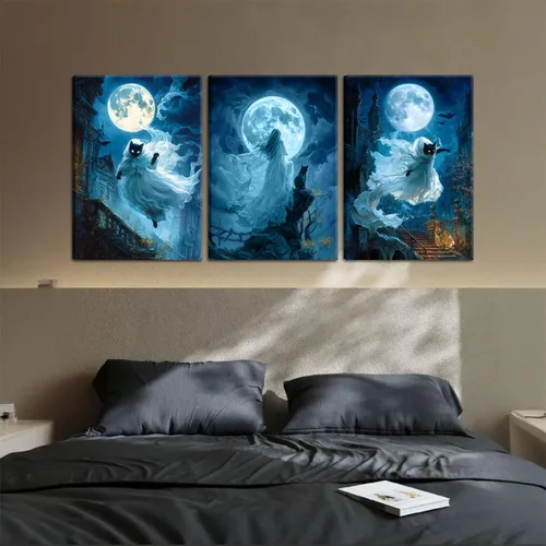 Vista 2 de 3 piezas de lienzo de bruja fantasma de Halloween, arte de pared espeluznante y espeluznante melancolía, fantasma azul, gato negro, decoración