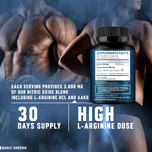 Vista 3 de L-Arginina 3000mg Suplemento de óxido nítrico para hombres y mujeres – Cápsulas veganas sin OMG con raíz de remolacha para circulación, resistencia