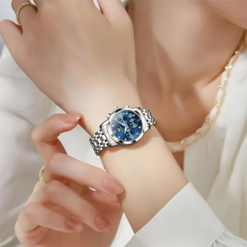 Vista 3 de OLEVS Reloj multifuncional de dos tonos para mujer, reloj analógico de cuarzo para mujer, de acero inoxidable, resistente al agua, con diamantes