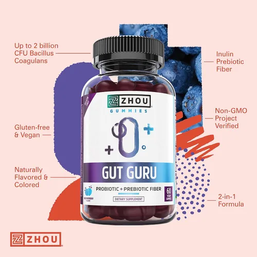 Vista 4 de Zhou Gut Guru - Gomitas de salud intestinal para hombres y mujeres, suplemento de fibra prebiótica y probiótica para la digestión y apoyo a la salud
