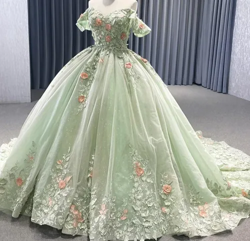 Vista 3 de Mauuwy Vestidos de quinceañera de flores florales de encaje de princesa, vestido de baile de tul brillante hinchado dulce 16 vestidos para fiesta