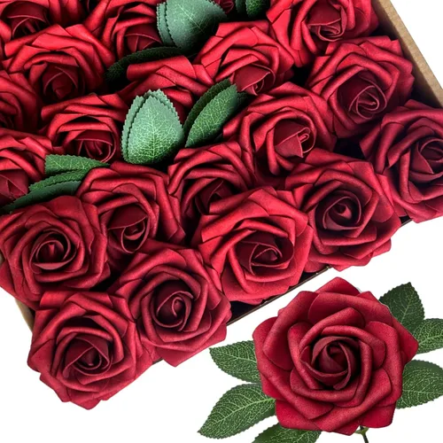 Vista 12 de 25 piezas Flores Artificiales de Espuma Rosas Falsas con Tallos 8 Hojas Rosas Sintéticas de Aspecto Real para Ramos de Boda Centros de Mesa de Negro