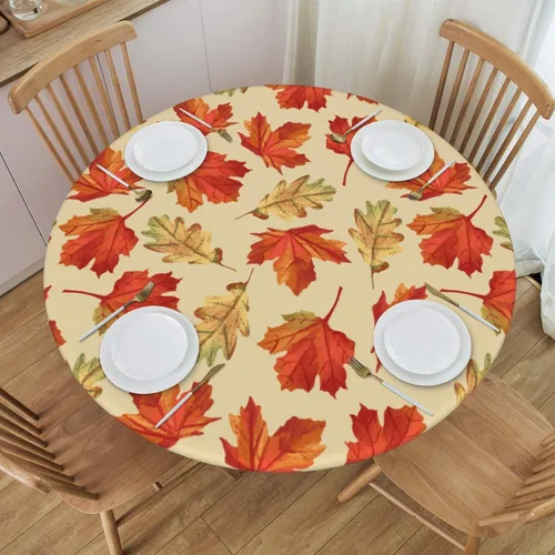 Vista 2 de Mantel elástico redondo con borde de hoja de arce otoñal, ajustable para mesa de 45 a 50 pulgadas de diámetro 1