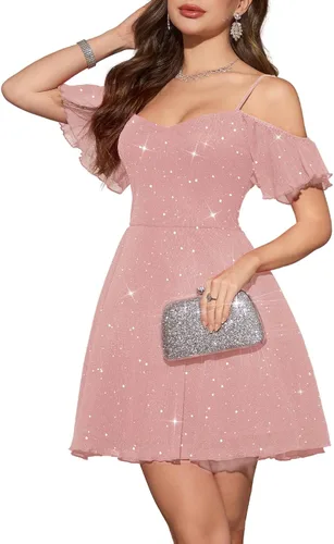 Vista 12 de Meetjen Vestido de cóctel formal brillante acampanado para mujer, vestido Azul marino