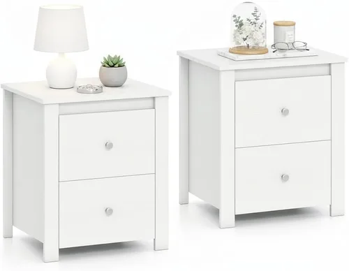 Vista 14 de KOMFOTT Mesita de noche con 2 cajones, mesita de noche de madera, mesa auxiliar moderna para sofá, mesa auxiliar compacta para dormitorio