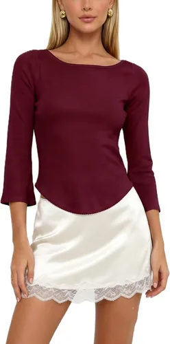 Vista 18 de Camiseta de manga 3/4 para mujer, cuello barco, ajuste delgado, manga de A Blanco
