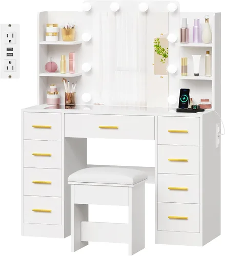 Vista 5 de BEWISHOME - Tocador de maquillaje con espejo y luces, mesa de tocador blanca con superficie de vidrio, toma de corriente, taburete, tocador con 9