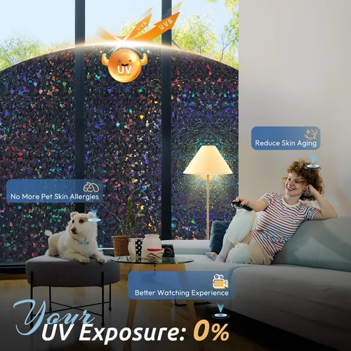Vista 3 de rabbitgoo - Película de privacidad para ventanas con diseño de arco iris y vidrio manchado, patrón de diamante, calcomanía no adhesiva con tinte