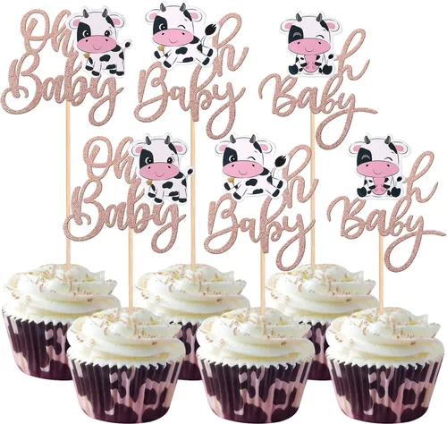 Vista 9 de Rsstarxi Paquete de 36 adornos para cupcakes con diseño de vaca, dos decoraciones para cupcakes de animales de granja con zoom de 2º cumpleaños