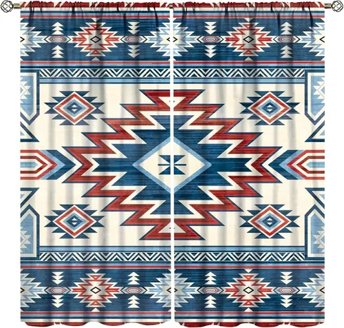 Vista 32 de Cortinas con patrón geométrico tribal, estilo suroeste, azteca, rústico, occidental, nativo americano, opacas, con bolsillo para barra, decoración