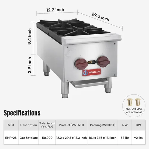 Vista 2 de WESTLAKE Cocina de gas comercial para encimera, 2 quemadores de gas natural y propano con 50,000 BTU, estufa de cocina de encimera de 12 pulgadas