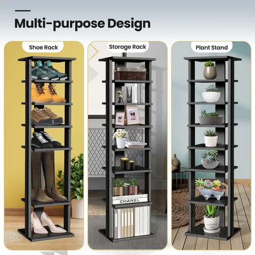Vista 7 de COSTWAY Zapatero vertical de 8 niveles, organizador de almacenamiento de zapatos alto y estrecho con estante extraíble para botas, kit antivuelcos