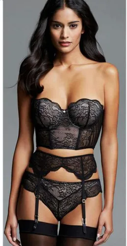 Vista 4 de Yokawe Lace Lingerie Set with Garter Belt Mesh Bra Panty Bikini Set Lingerie Outfits for Women and Girls