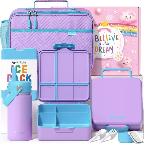 Vista 15 de Fimibuke Lonchera Bento para Niños con 4 Compartimentos, Bolsa de Almuerzo Aislada, Botella de Agua Aislada de Acero Inoxidable, Paquete de Hielo
