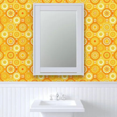 Vista 9 de Papel tapiz para despegar y pegar, azulejos circulares, flores amarillas, retro, naranja, geométrico, de los años 70, 60, vintage, extraíble, por