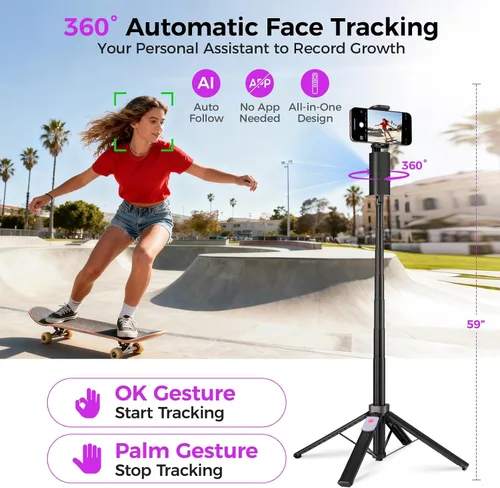 Vista 2 de Funme Trípode de seguimiento facial automático para iPhone, trípode de 59 pulgadas con control remoto, rotación de 360 grados que sigue tu