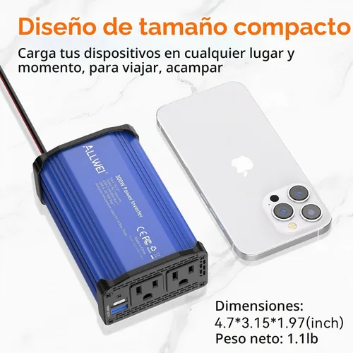 Vista 6 de ALLWEI Inversor de corriente para automóvil de 300 W, convertidor de CC de 12 V a 110 V CA, adaptador de enchufe de automóvil con toma de corriente