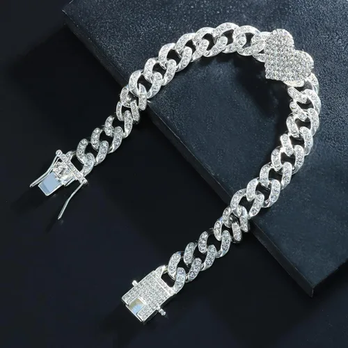 Vista 5 de STONEFANS Tobilleras de eslabones cubanos de corazón para mujeres y hombres, hip hop, pulseras de tobillo de eslabones cubanos con diseño de amor