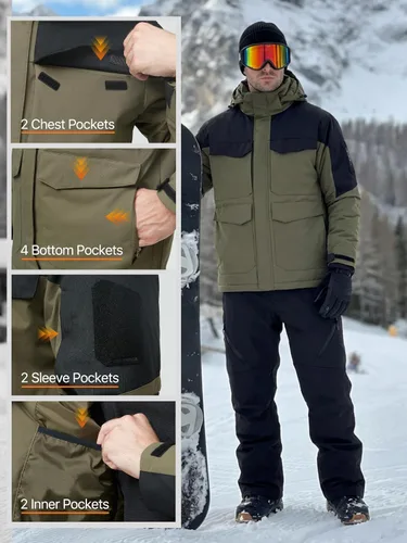 Vista 7 de FREE SOLDIER Chaqueta de esquí impermeable para hombre, abrigo cálido de invierno para nieve, snowboard con múltiples bolsillos, capucha desmontable