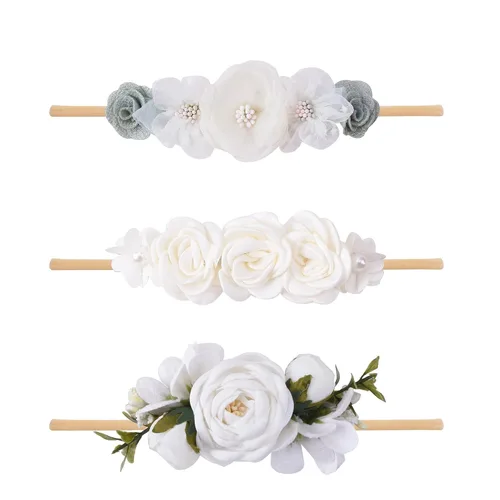 Vista 20 de Diadema floral de nailon para bebé, corona de flores, banda elástica para el cabello, 3 piezas, accesorios para el cabello, regalo para niñas, 2#