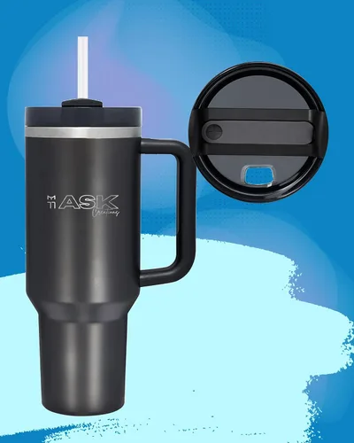 Vista 2 de Ask HydroQuench 2.0 - Vaso de viaje de acero inoxidable aislado con popote reutilizable y funda de silicona (40.0 fl oz), color negro