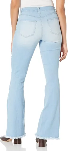 Vista 2 de YMI Jeans acampanados de tiro alto para mujer con dobladillo deshilachado, entrepierna larga
