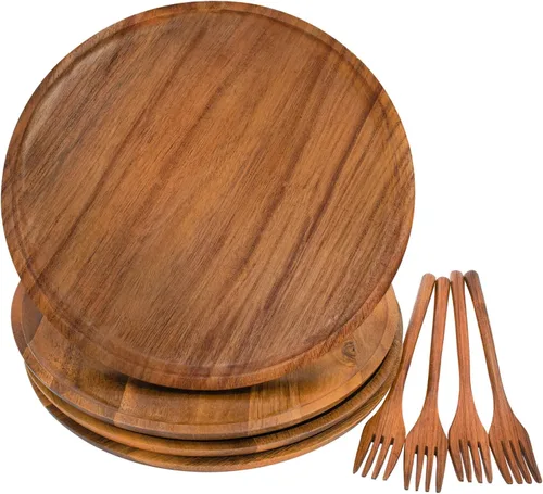 Vista 7 de Platos de madera, platos llanos de madera, reutilizables, hechos a mano, juego de cubiertos de madera natural para cocinar, comer, inauguración