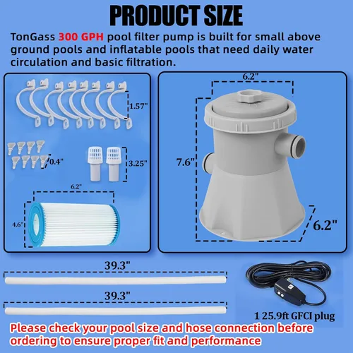 Vista 2 de TonGass Bomba de filtro de piscina de 300 GPH para piscinas pequeñas sobre el suelo, sistema de bomba de filtro de cartucho con GFCI, bomba