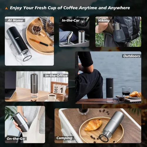 Vista 7 de Molinillo de café eléctrico portátil, molinillo de mano recargable con rebabas cónicas de acero inoxidable, ajustes de molienda ajustables