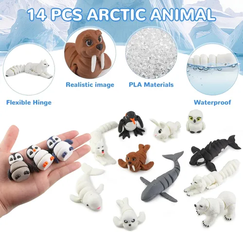 Vista 3 de 14 piezas de figuras de juguetes de animales árticos impresos en 3D, juguetes de baño articulados de animales polares realistas con oso polar