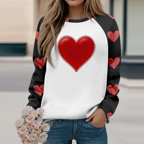Vista 3 de Sudaderas para el día de San Valentín para mujer, blusas de cuello redondo, casuales, camisetas de manga larga con estampado de corazón